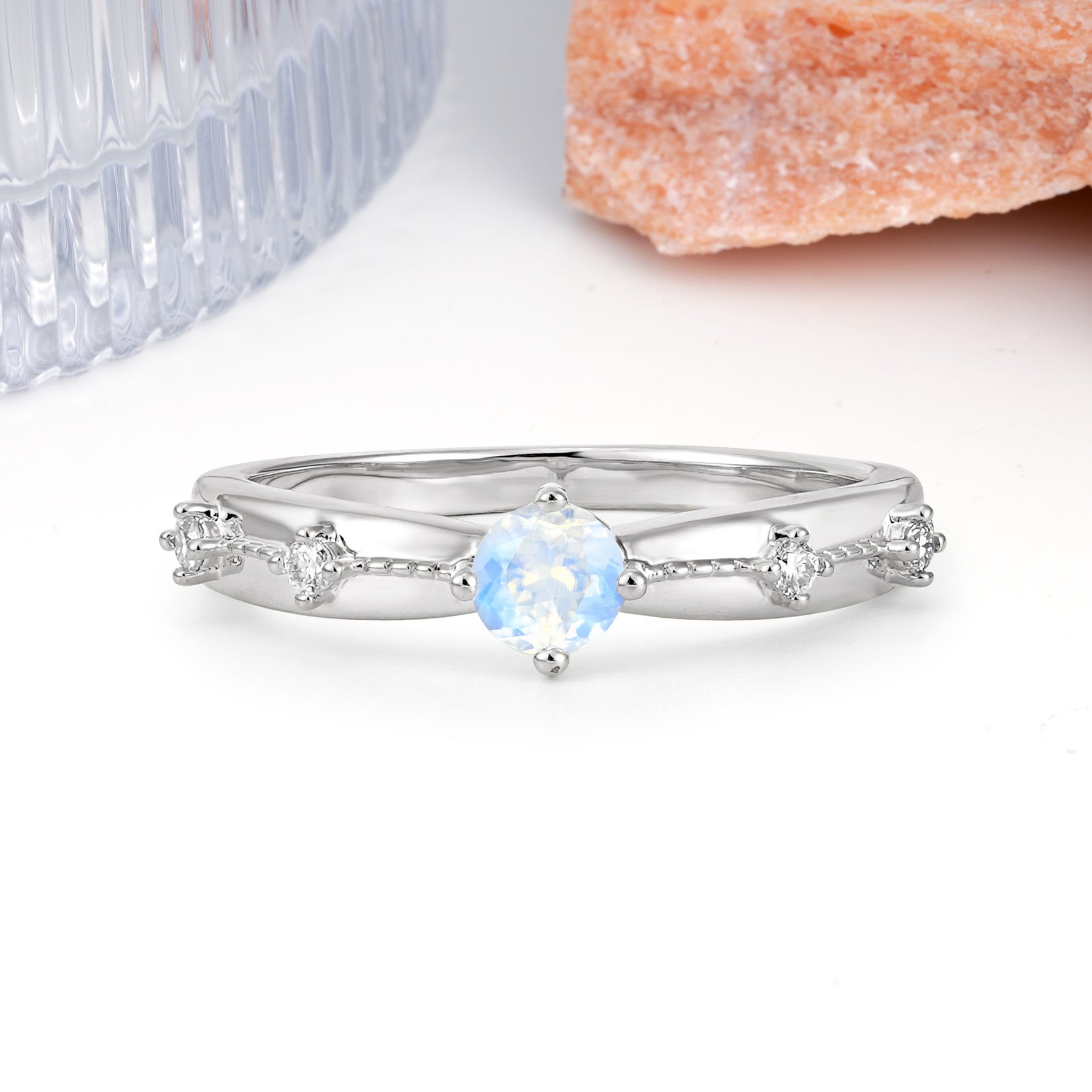 Simply Luxurious 4-Prong Round Cut Moonstone Wedding Ring - Additional view