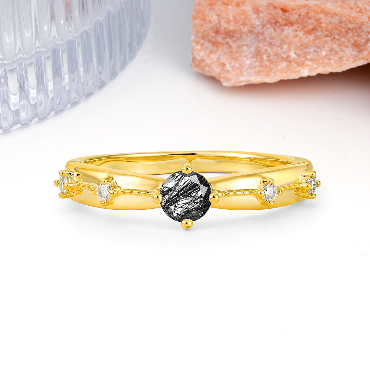 Simply Luxurious 4-Prong Round Cut Black Rutilated Quartz Wedding Ring - Additional view