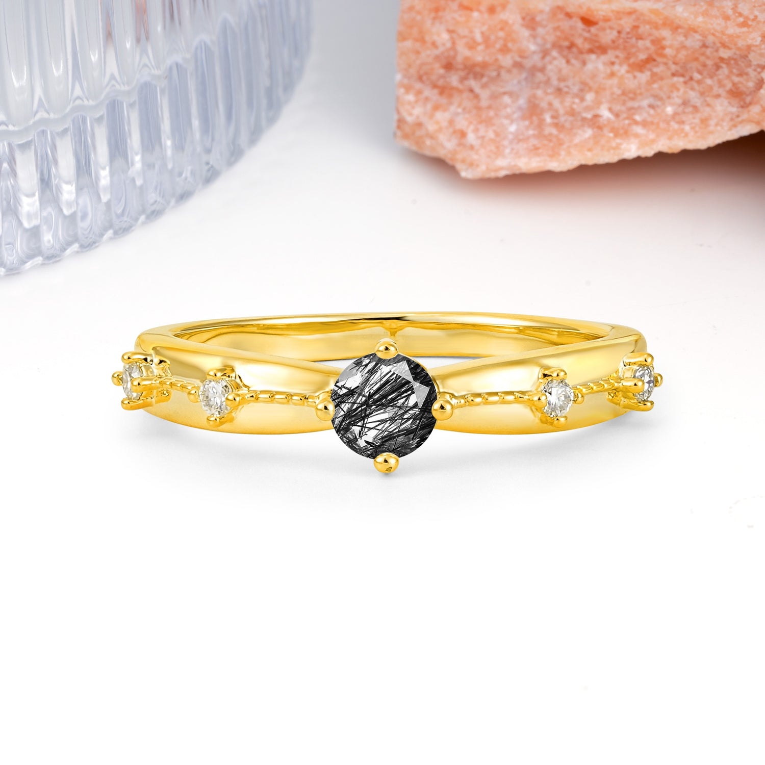 Simply Luxurious 4-Prong Round Cut Black Rutilated Quartz Wedding Ring - Additional view