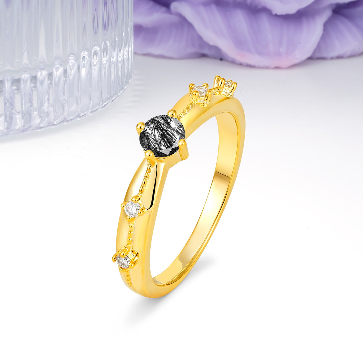 Simply Luxurious 4-Prong Round Cut Black Rutilated Quartz Wedding Ring - Additional view