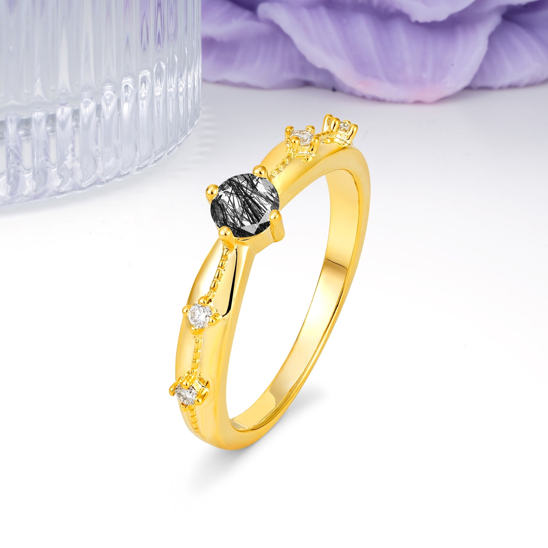 Simply Luxurious 4-Prong Round Cut Black Rutilated Quartz Wedding Ring - Additional view