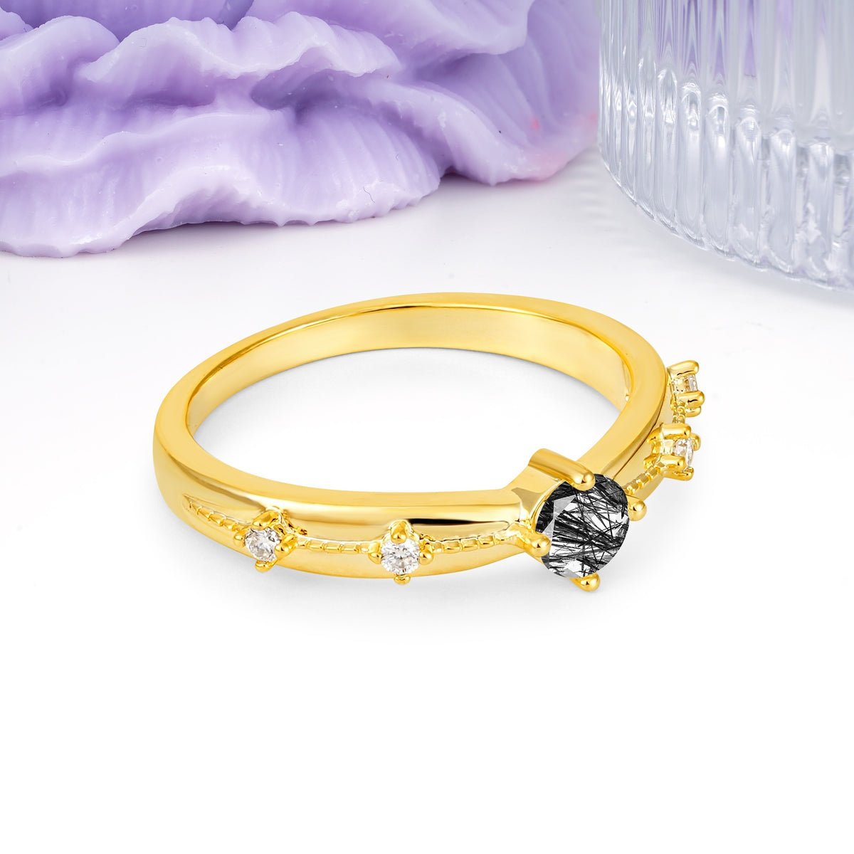 Simply Luxurious 4-Prong Round Cut Black Rutilated Quartz Wedding Ring - Additional view