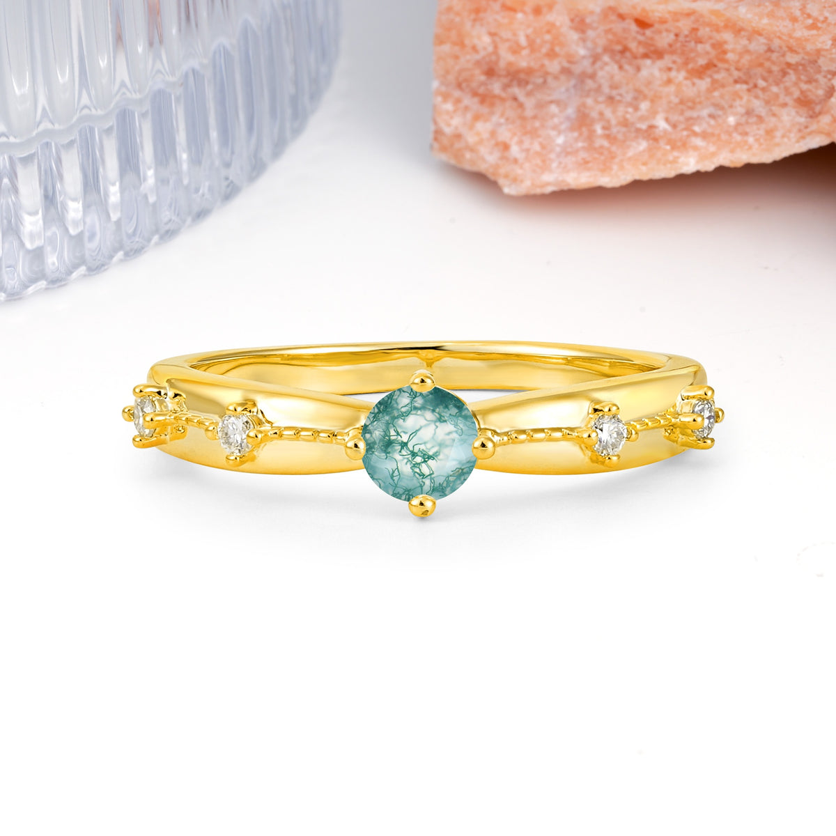 Simply Luxurious 4-Prong Round Cut Moss Agate Wedding Ring - Additional view