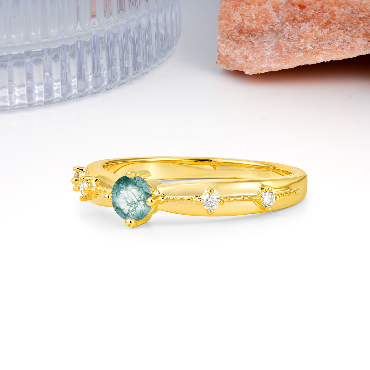 Simply Luxurious 4-Prong Round Cut Moss Agate Wedding Ring - Additional view