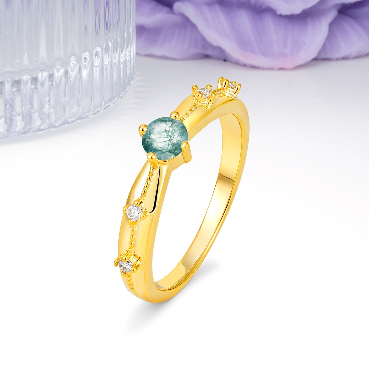 Simply Luxurious 4-Prong Round Cut Moss Agate Wedding Ring - Additional view