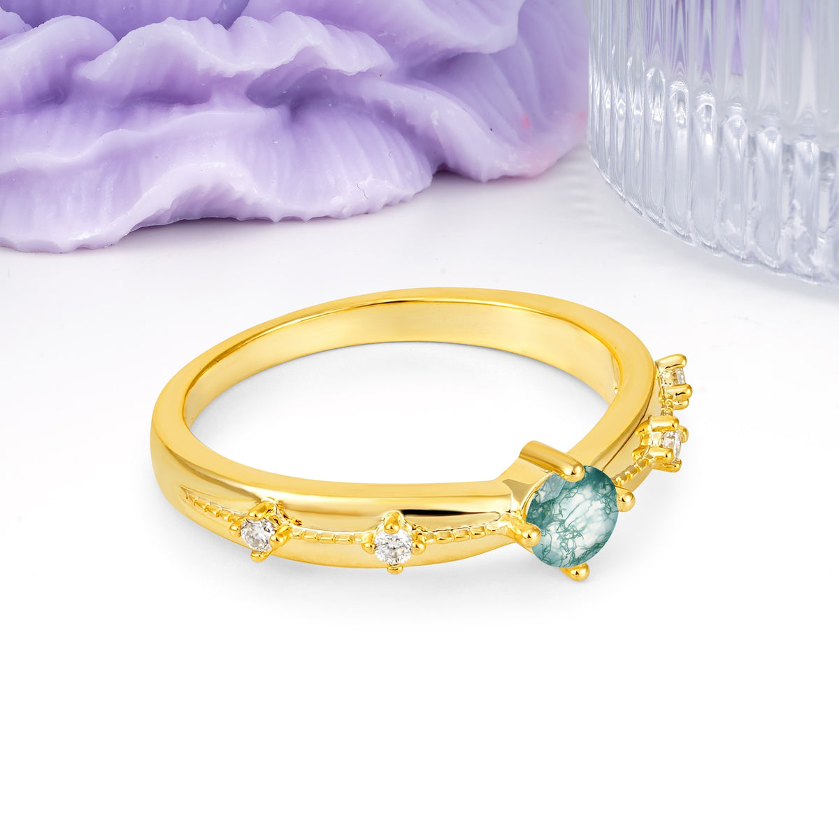 Simply Luxurious 4-Prong Round Cut Moss Agate Wedding Ring - Additional view