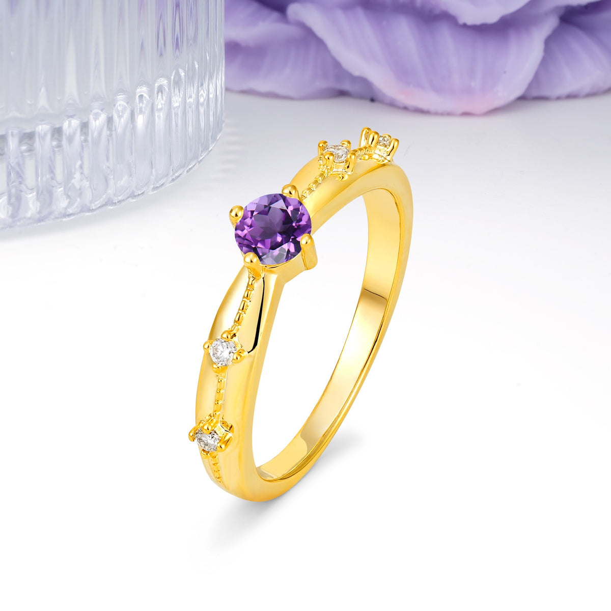 Simply Luxurious 4-Prong Round Cut Amethyst Wedding Ring - Additional view
