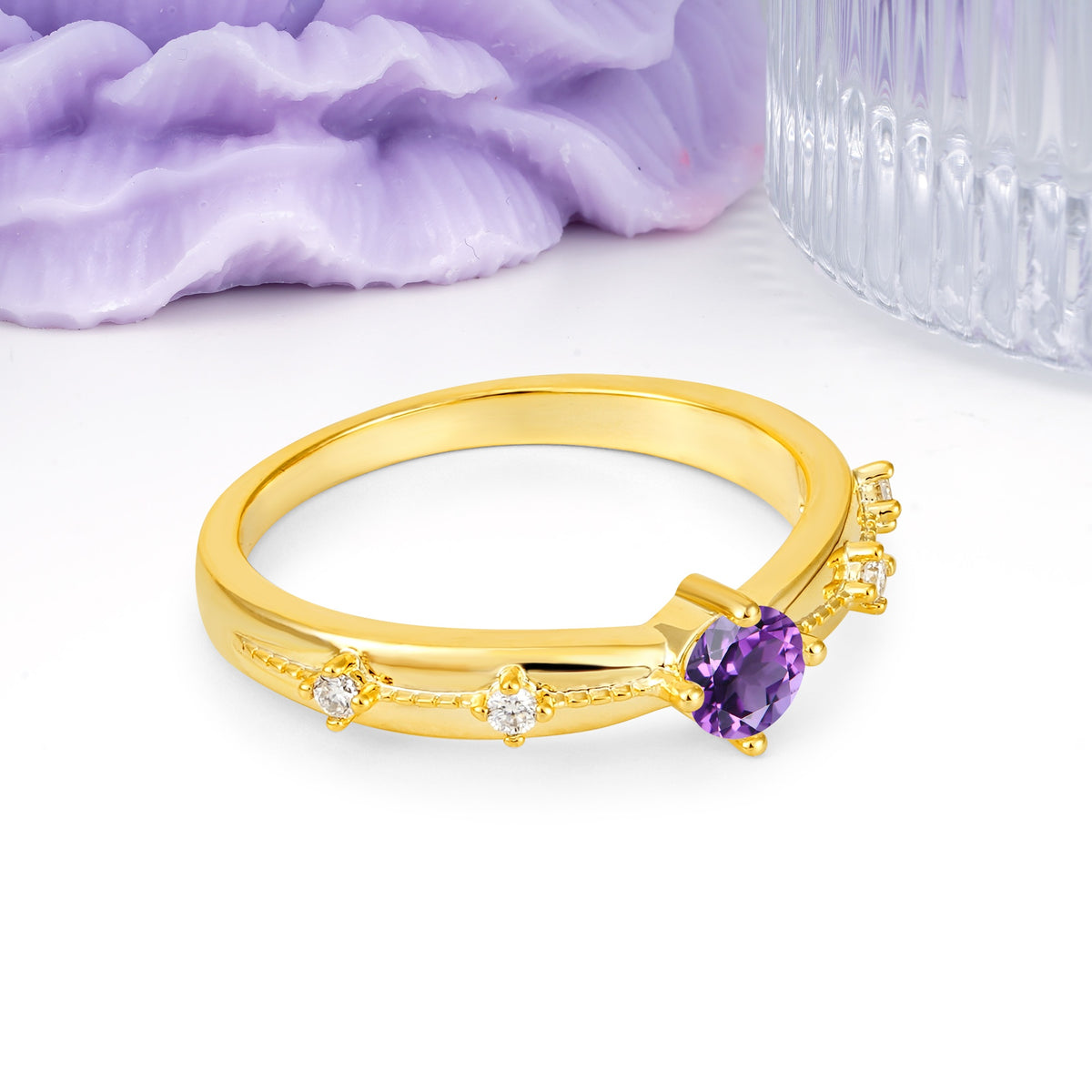 Simply Luxurious 4-Prong Round Cut Amethyst Wedding Ring - Additional view