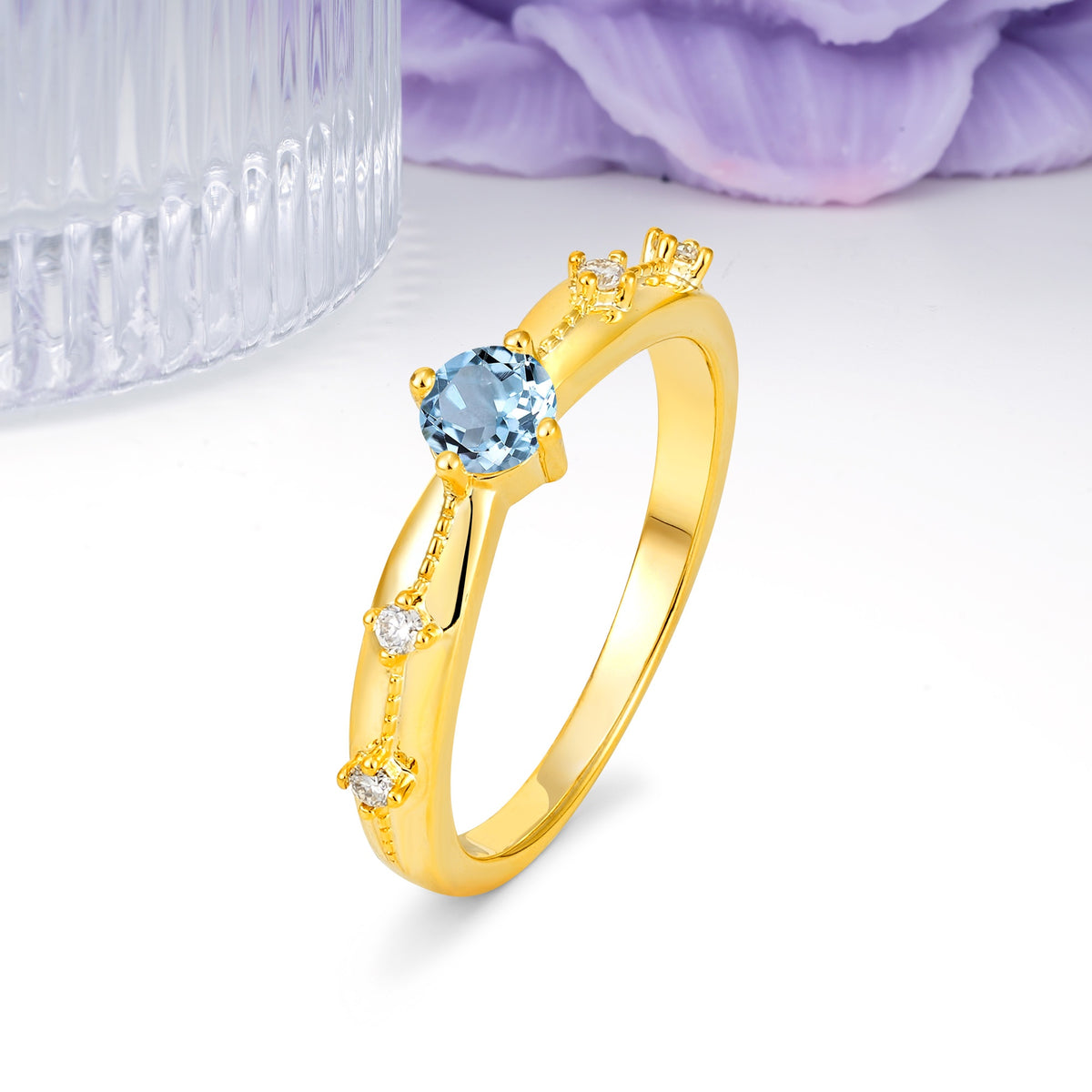 Simply Luxurious 4-Prong Round Cut Aquamarine Wedding Ring - Additional view