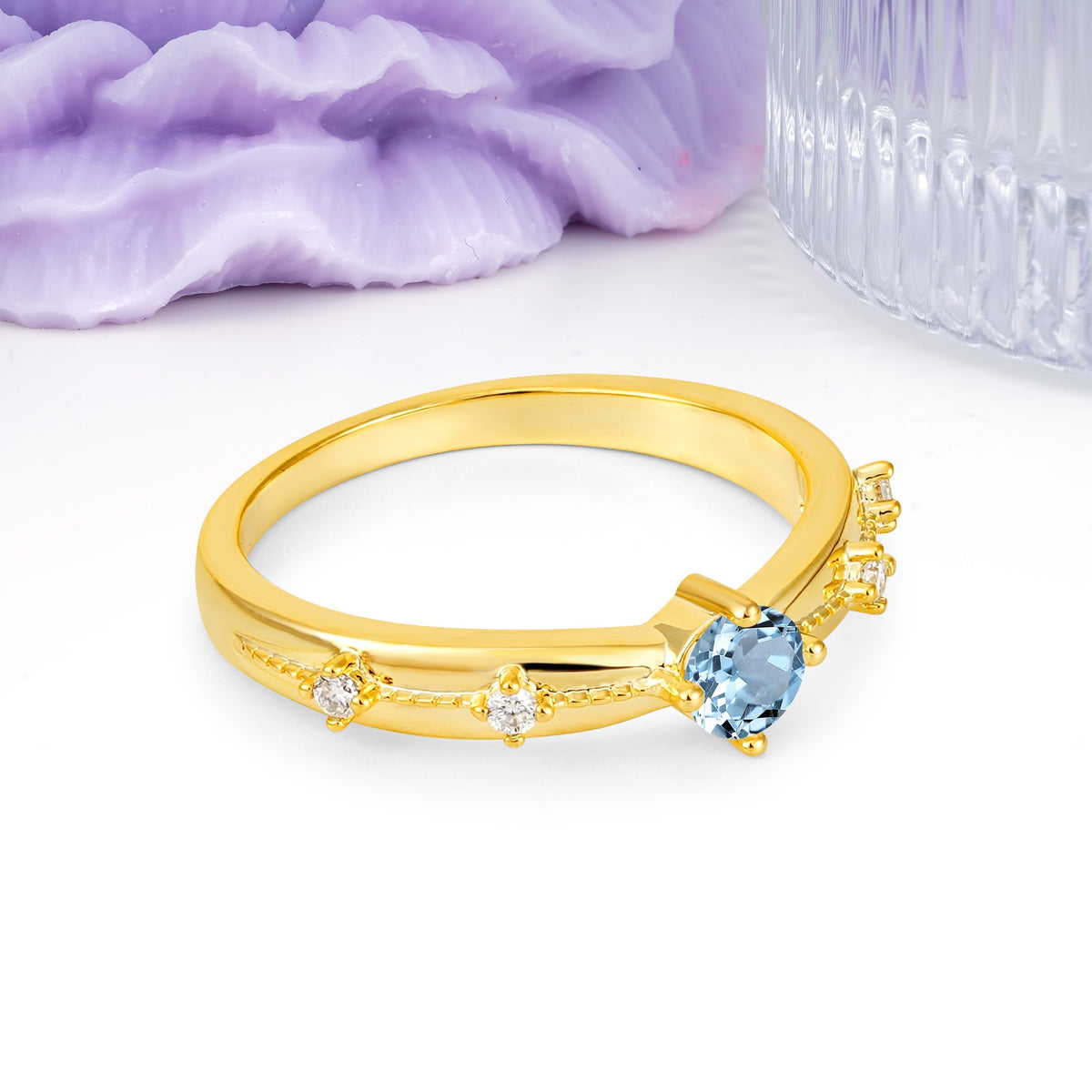 Simply Luxurious 4-Prong Round Cut Aquamarine Wedding Ring - Additional view