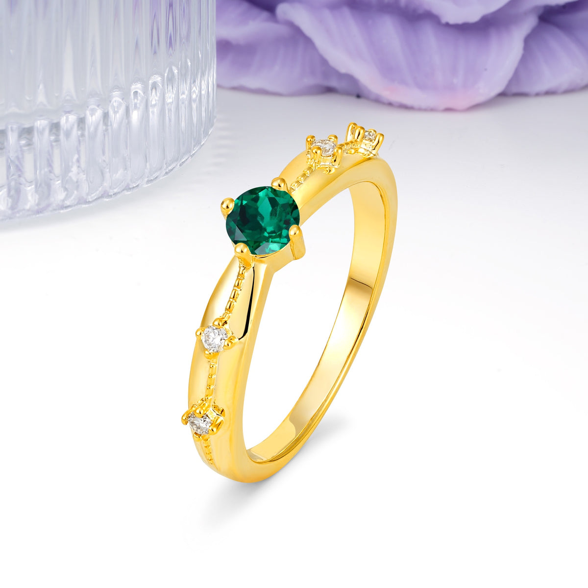 Simply Luxurious 4-Prong Round Cut Emerald Wedding Ring - Additional view