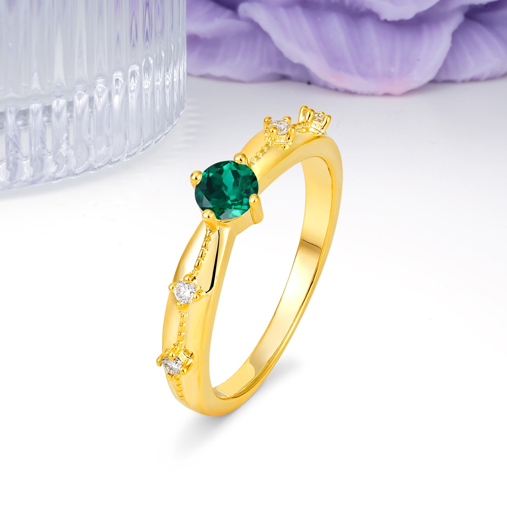 Simply Luxurious 4-Prong Round Cut Emerald Wedding Ring - Additional view