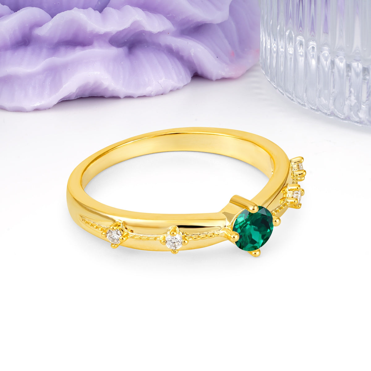 Simply Luxurious 4-Prong Round Cut Emerald Wedding Ring - Additional view