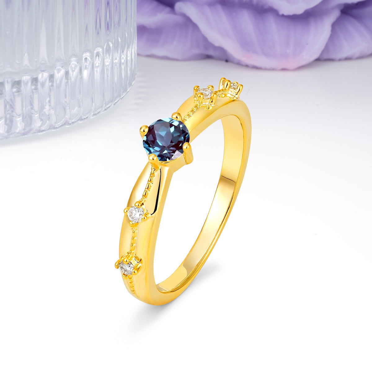 Simply Luxurious 4-Prong Round Cut Alexandrite Wedding Ring - Additional view