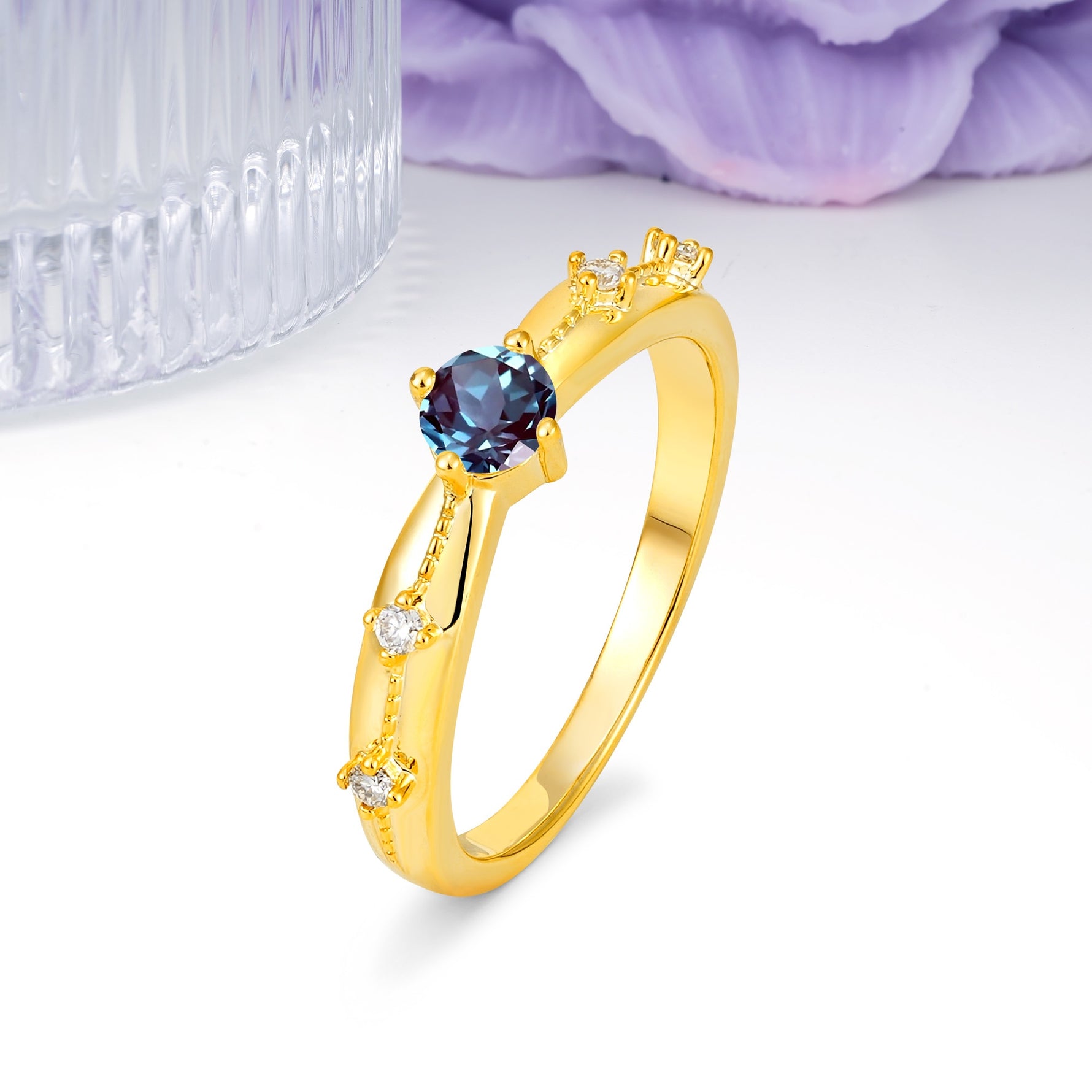 Simply Luxurious 4-Prong Round Cut Alexandrite Wedding Ring - Additional view