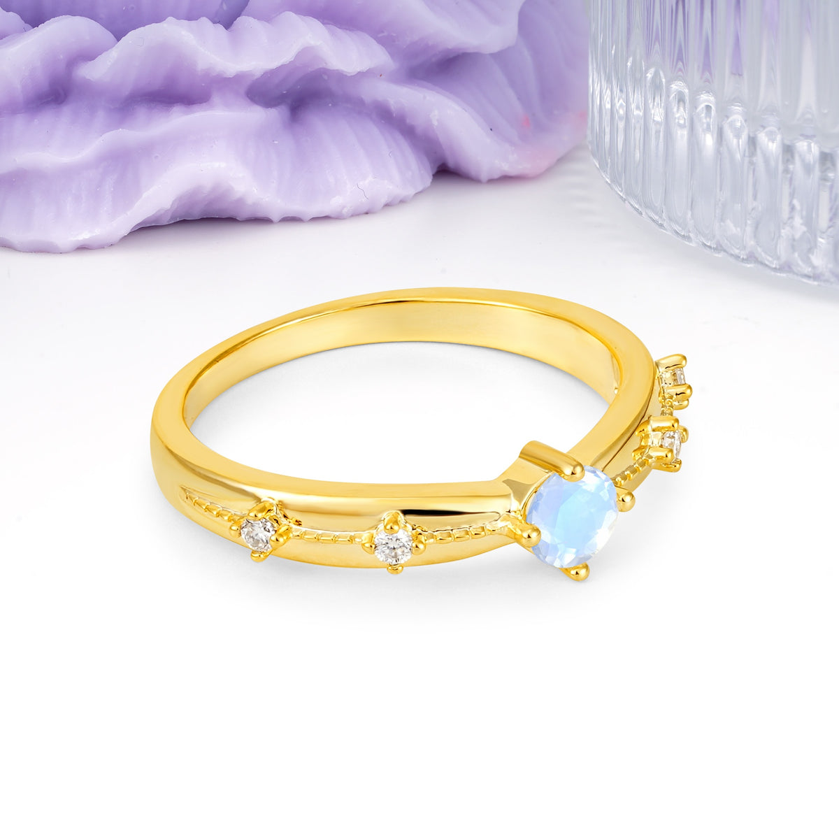 Simply Luxurious 4-Prong Round Cut Moonstone Wedding Ring - Additional view