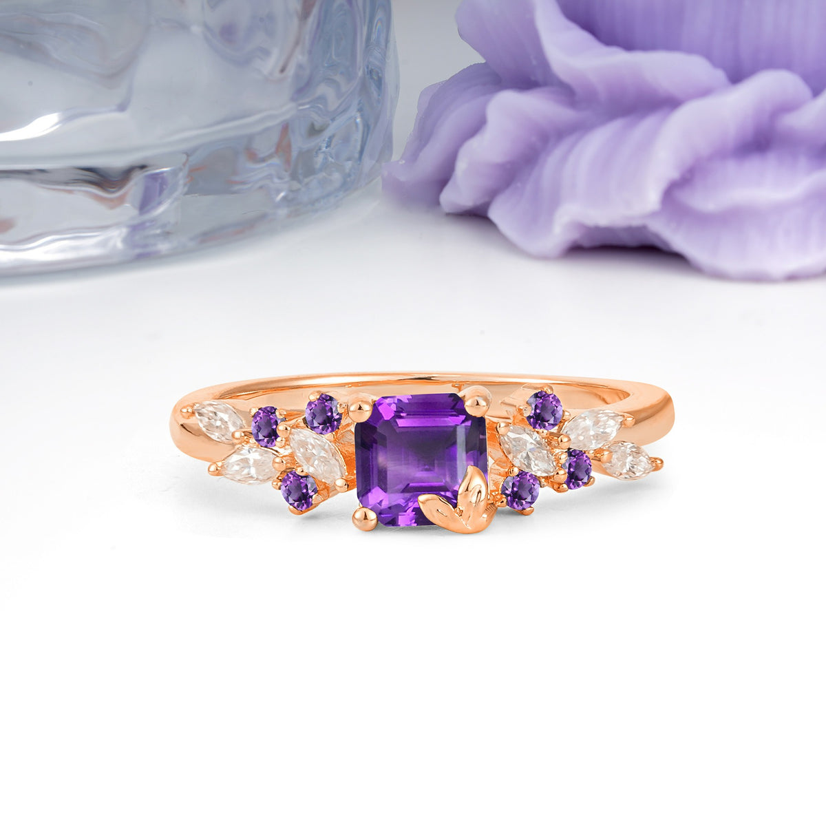 Whimsical Princess Cut Amethyst Nature‑Inspired Leaf Engagement Ring - Additional view