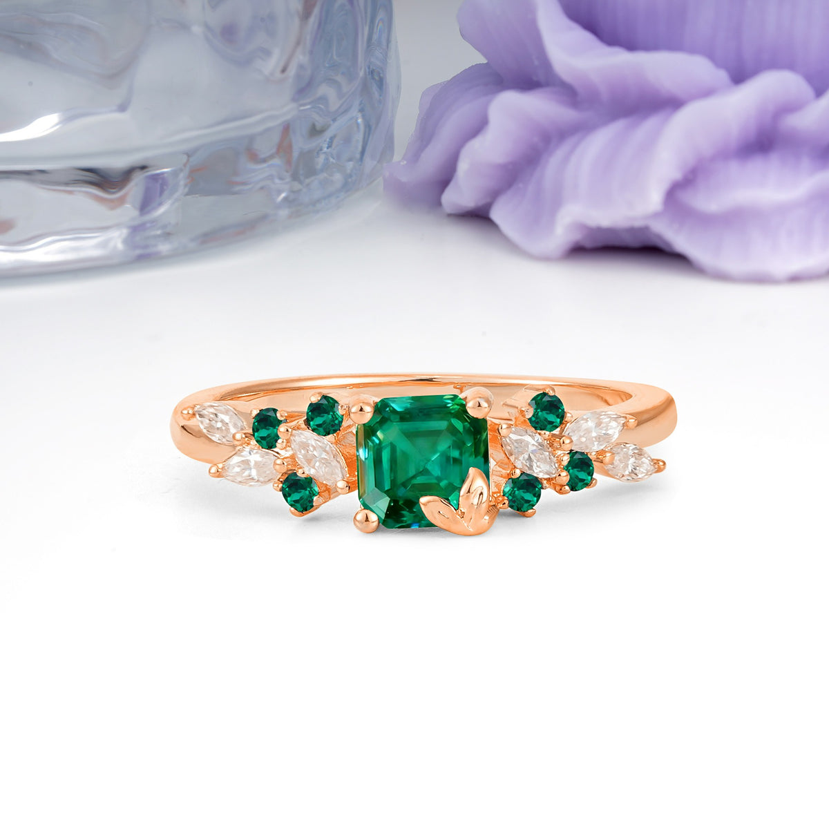 Whimsical Princess Cut Emerald Nature‑Inspired Leaf Engagement Ring - Additional view