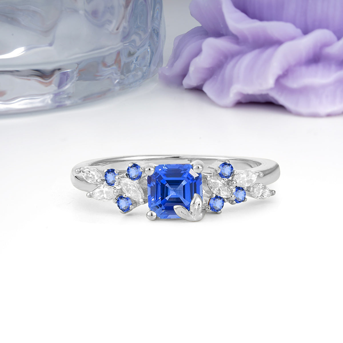 Whimsical Princess Cut Sapphire Nature‑Inspired Leaf Engagement Ring - Additional view
