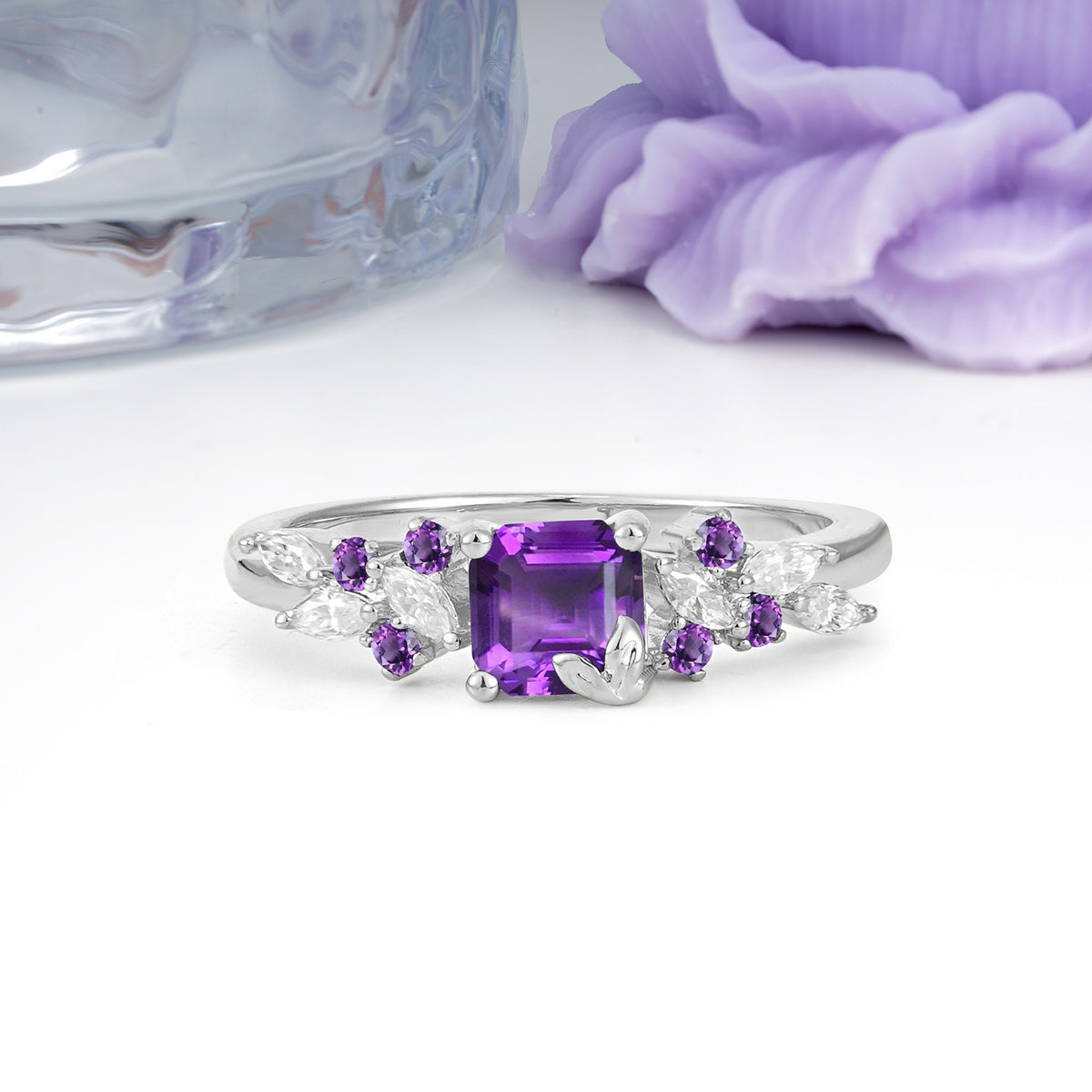 Whimsical Princess Cut Amethyst Nature‑Inspired Leaf Engagement Ring - Additional view