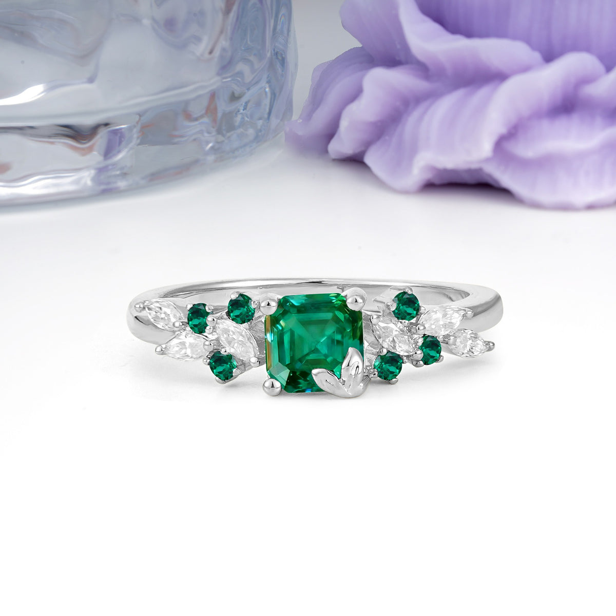 Whimsical Princess Cut Emerald Nature‑Inspired Leaf Engagement Ring - Additional view