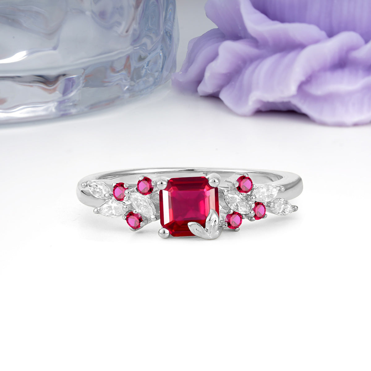 Whimsical Princess Cut Ruby Nature‑Inspired Leaf Engagement Ring - Additional view