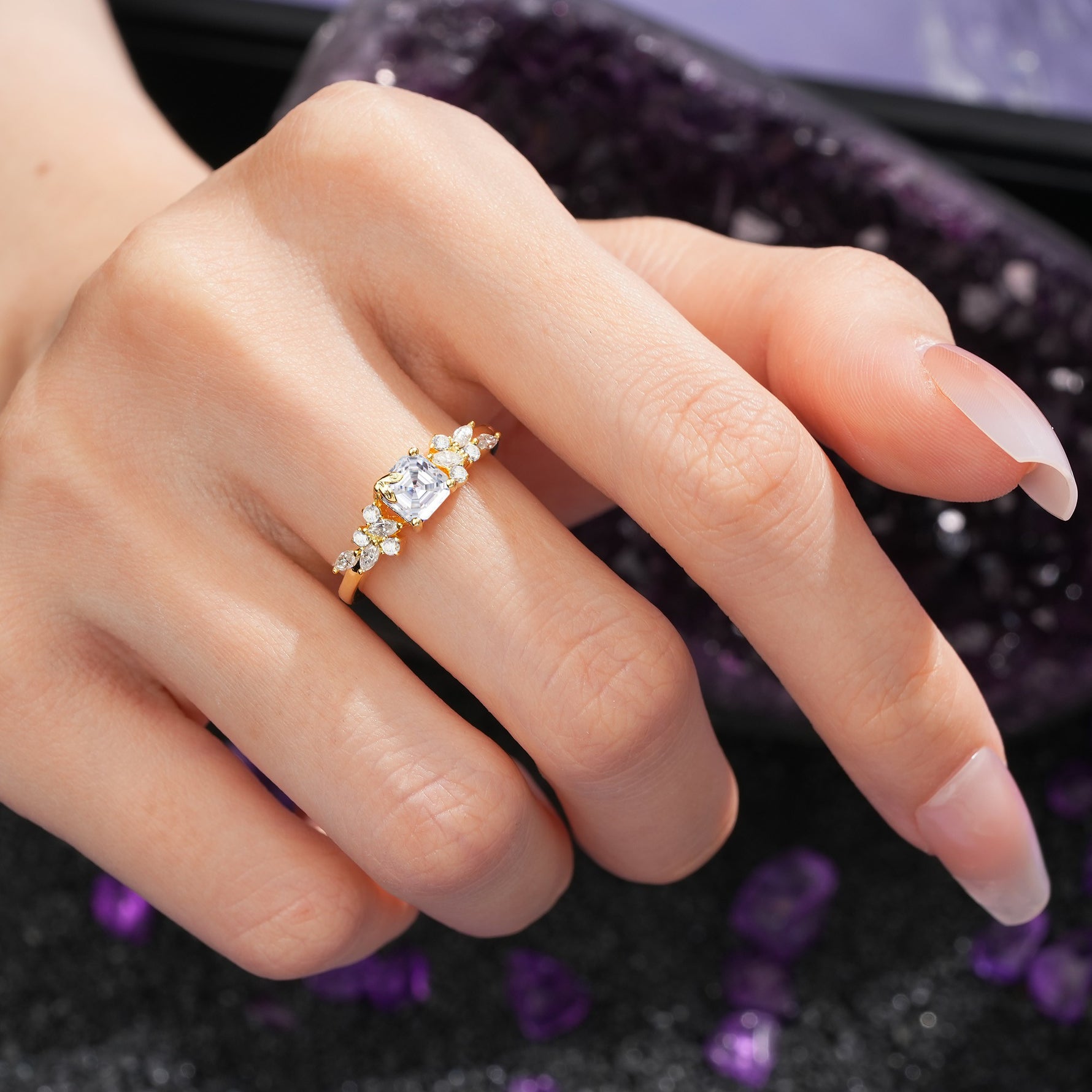 Whimsical Princess Cut Moissanite Nature‑Inspired Leaf Engagement Ring - Additional view