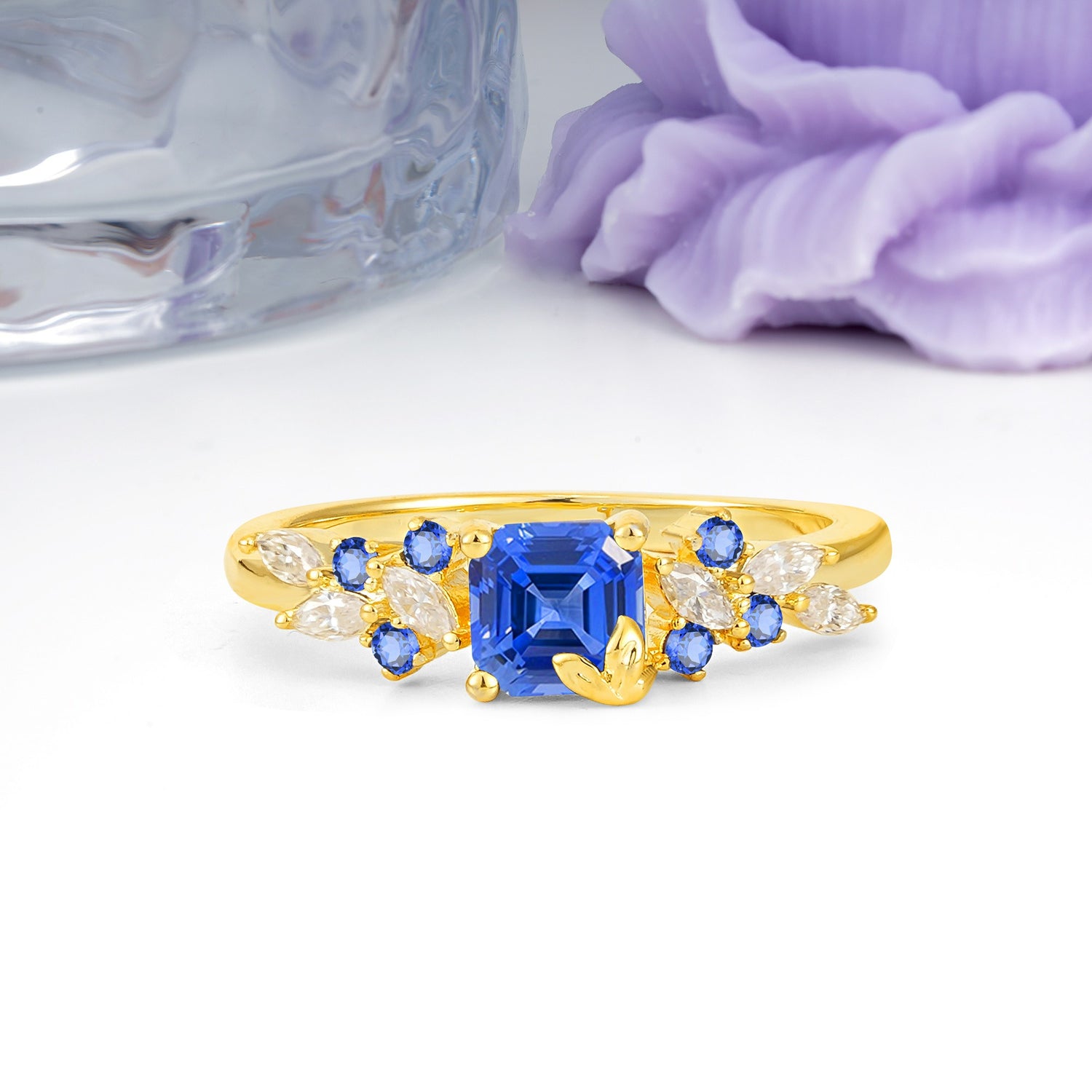 Whimsical Princess Cut Sapphire Nature‑Inspired Leaf Engagement Ring - Additional view