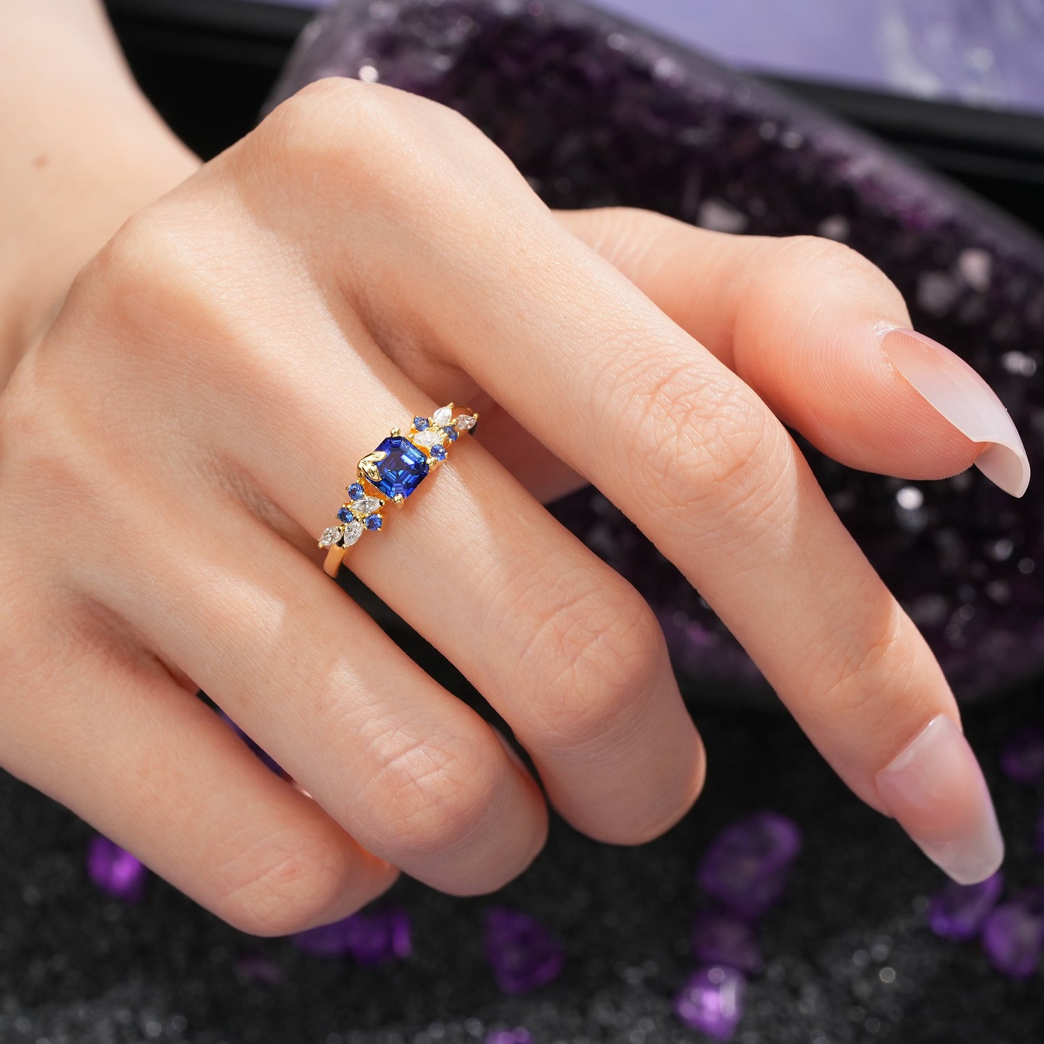 Whimsical Princess Cut Sapphire Nature‑Inspired Leaf Engagement Ring - Additional view