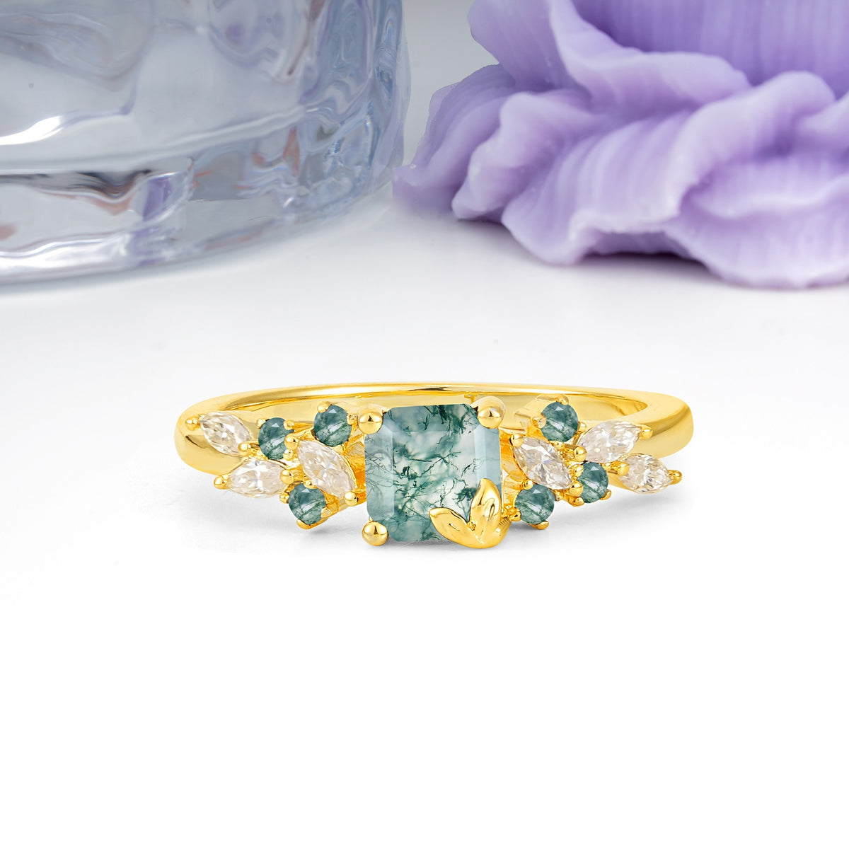 Whimsical Princess Cut Moss Agate Nature‑Inspired Leaf Engagement Ring - Additional view
