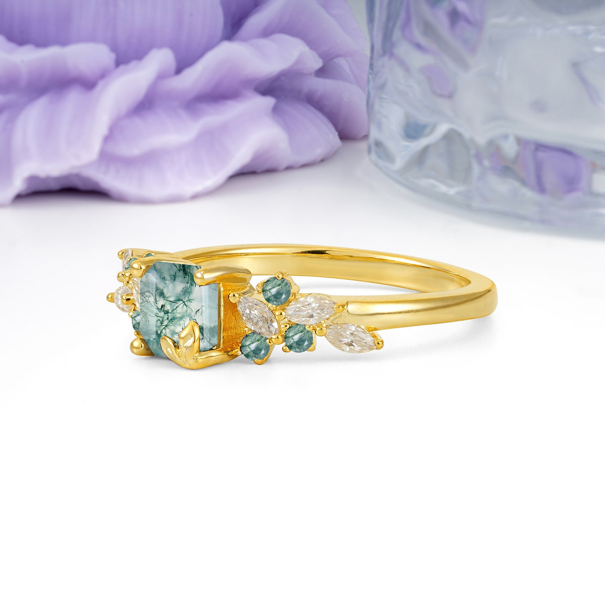 Whimsical Princess Cut Moss Agate Nature‑Inspired Leaf Engagement Ring - Additional view