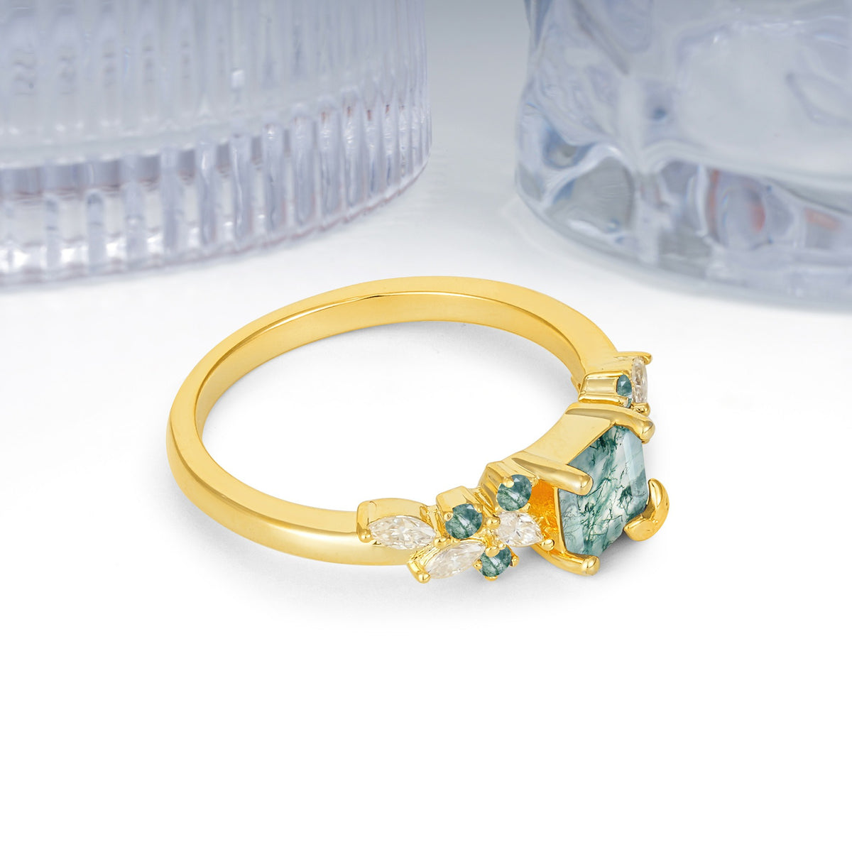 Whimsical Princess Cut Moss Agate Nature‑Inspired Leaf Engagement Ring - Additional view