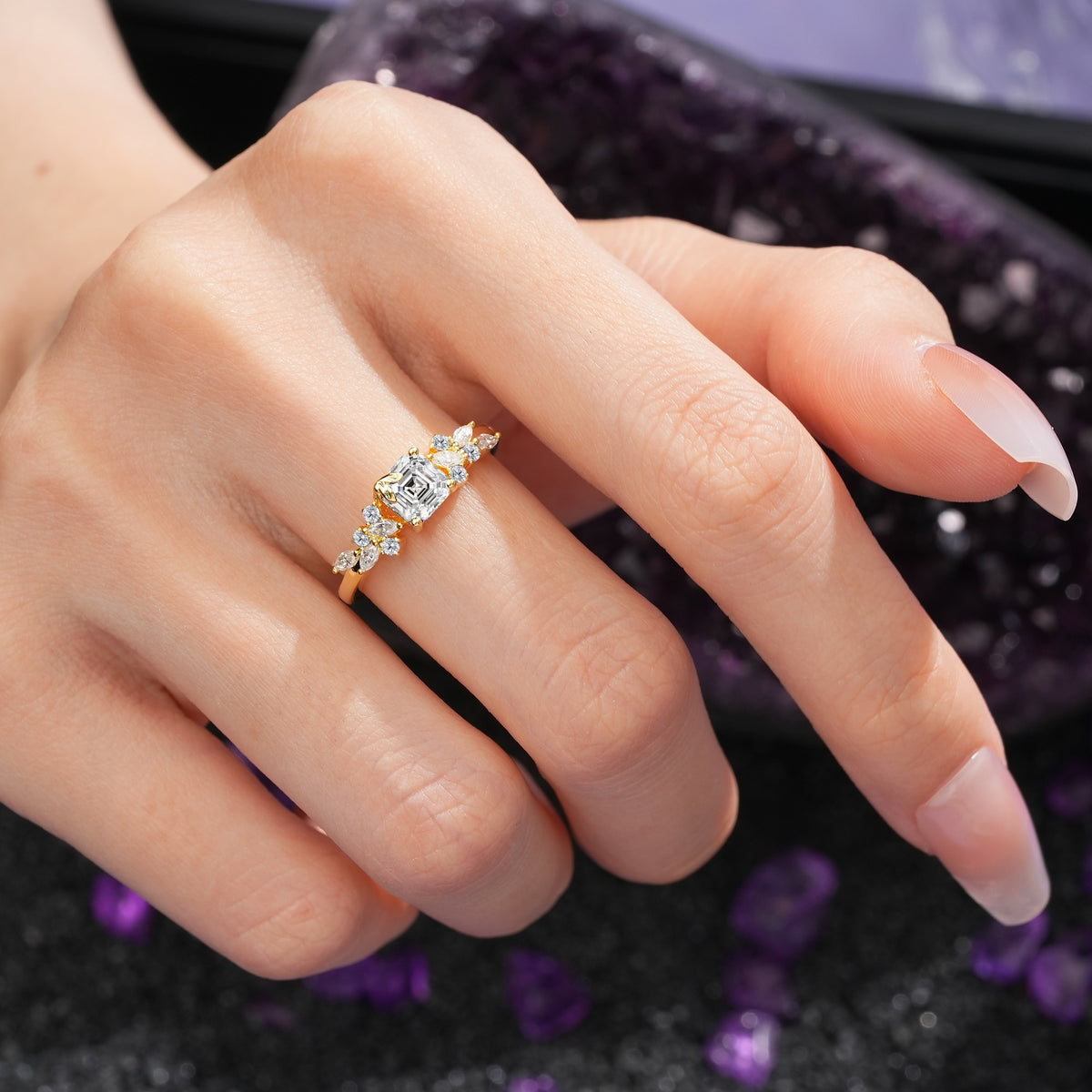 Whimsical Princess Cut Lab Diamond Nature‑Inspired Leaf Engagement Ring - Additional view