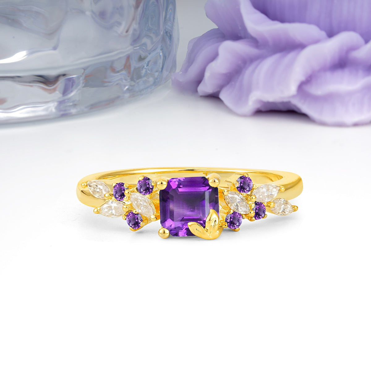Whimsical Princess Cut Amethyst Nature‑Inspired Leaf Engagement Ring - Additional view