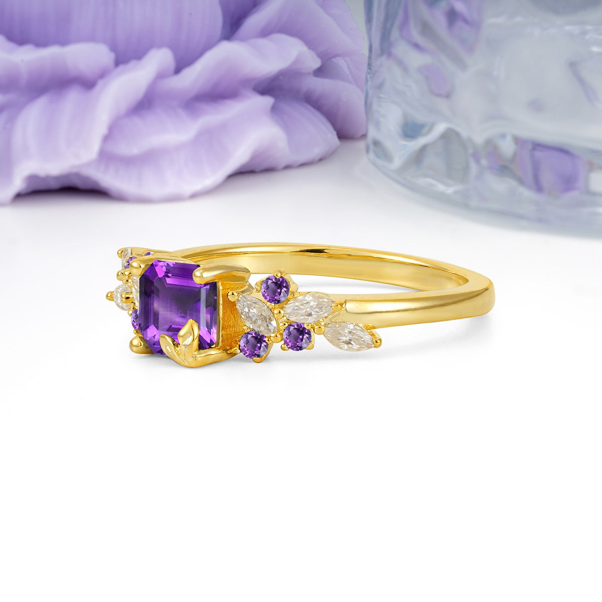 Whimsical Princess Cut Amethyst Nature‑Inspired Leaf Engagement Ring - Additional view
