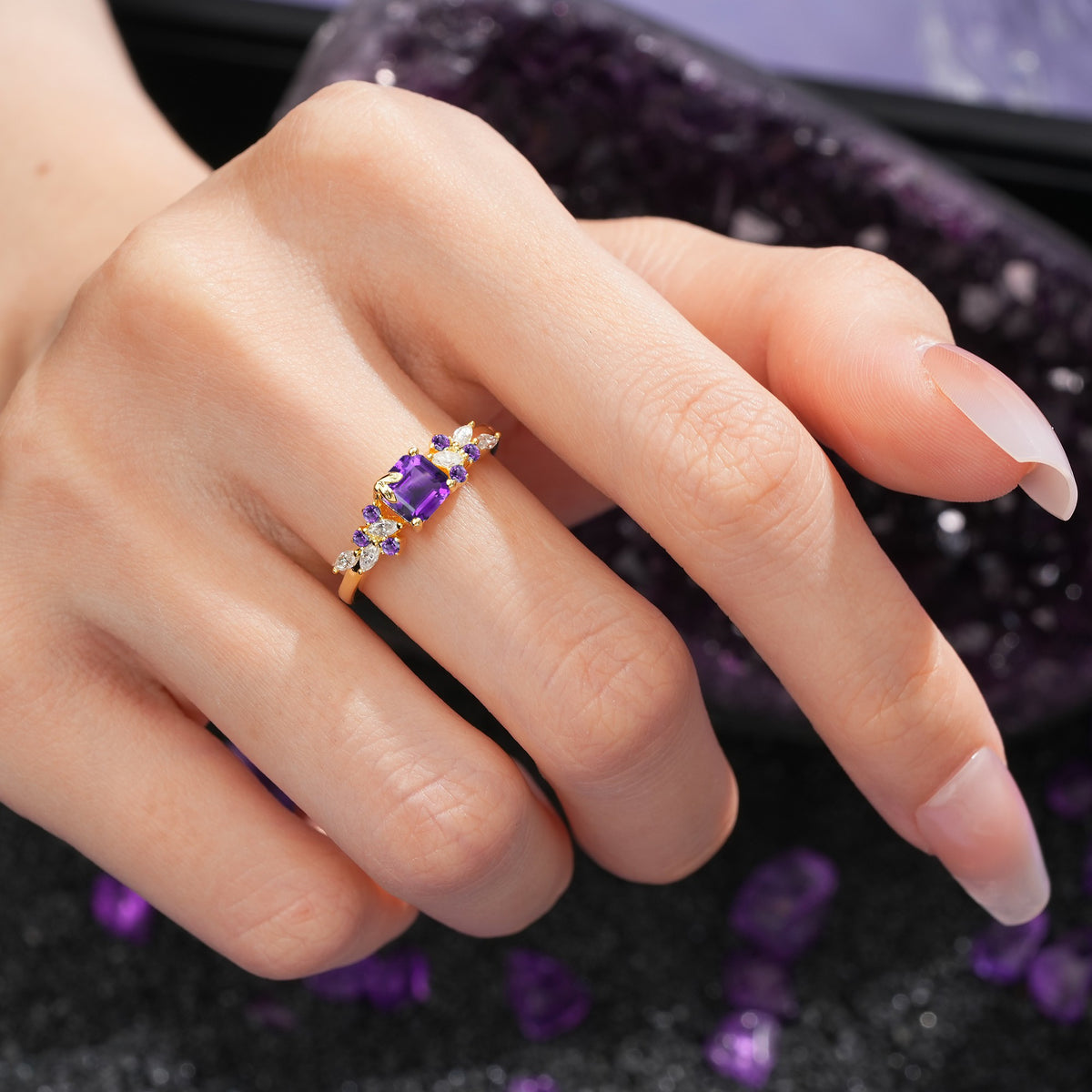 Whimsical Princess Cut Amethyst Nature‑Inspired Leaf Engagement Ring - Additional view