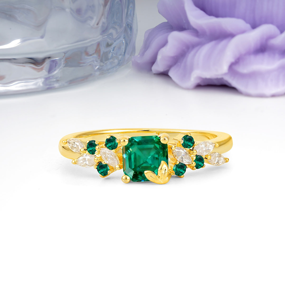 Whimsical Princess Cut Emerald Nature‑Inspired Leaf Engagement Ring - Additional view