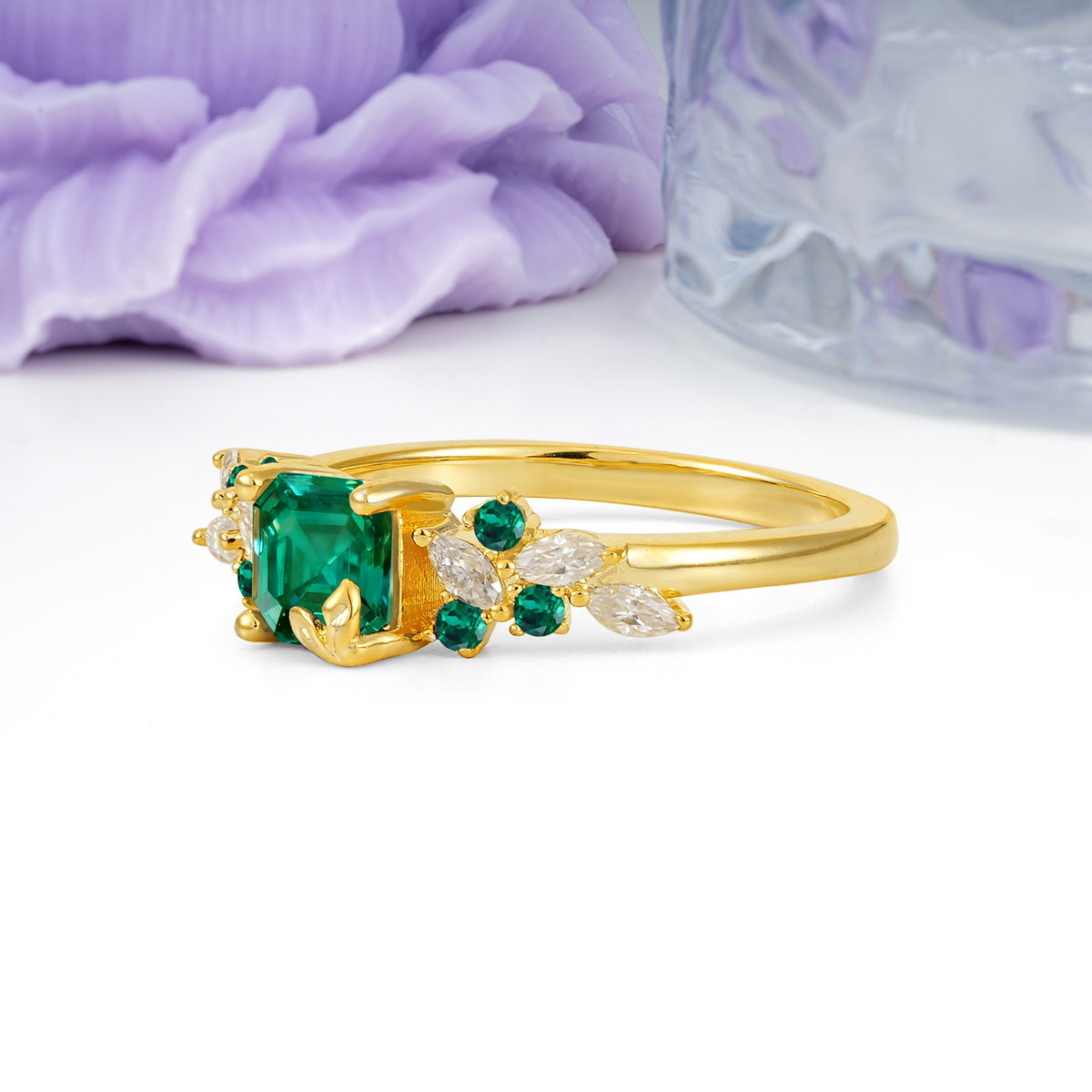 Whimsical Princess Cut Emerald Nature‑Inspired Leaf Engagement Ring - Additional view