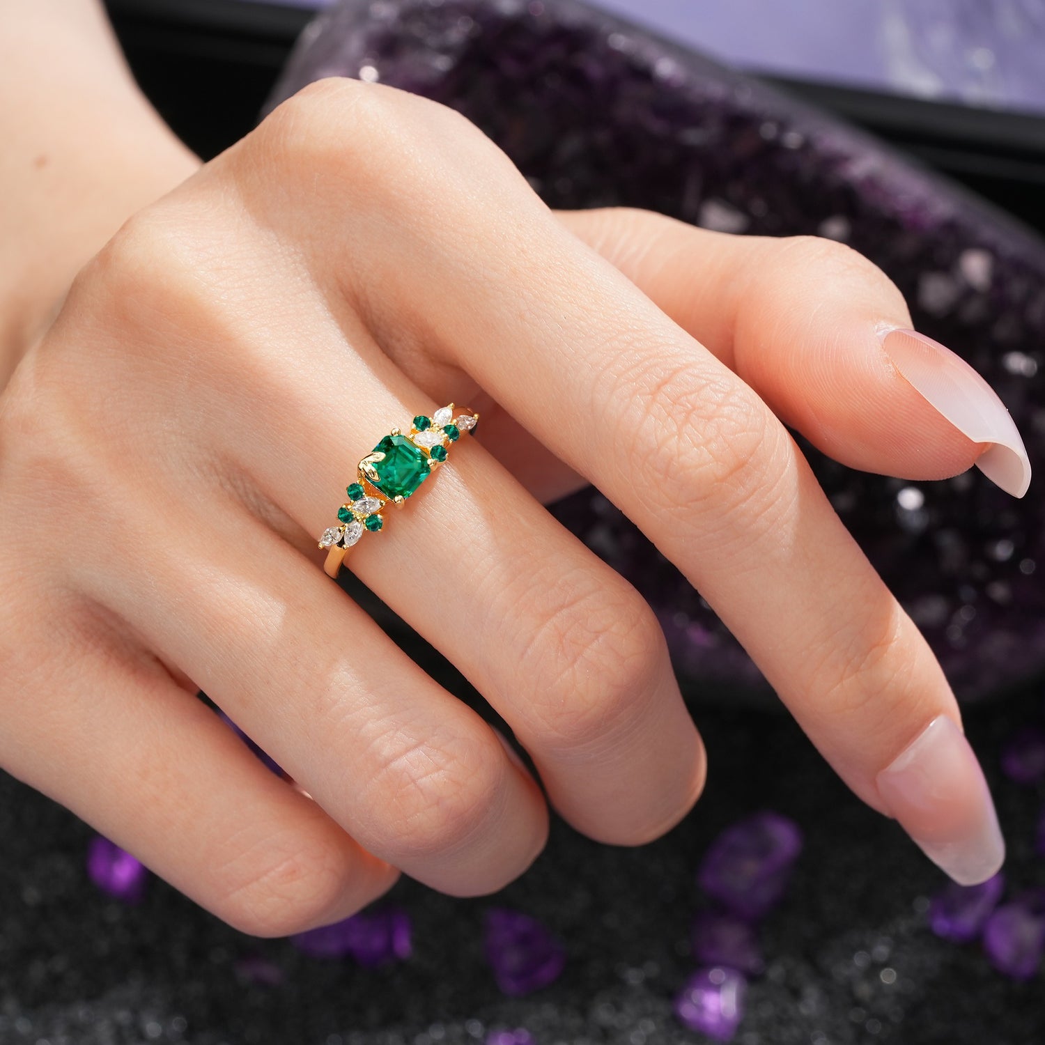 Whimsical Princess Cut Emerald Nature‑Inspired Leaf Engagement Ring - Additional view