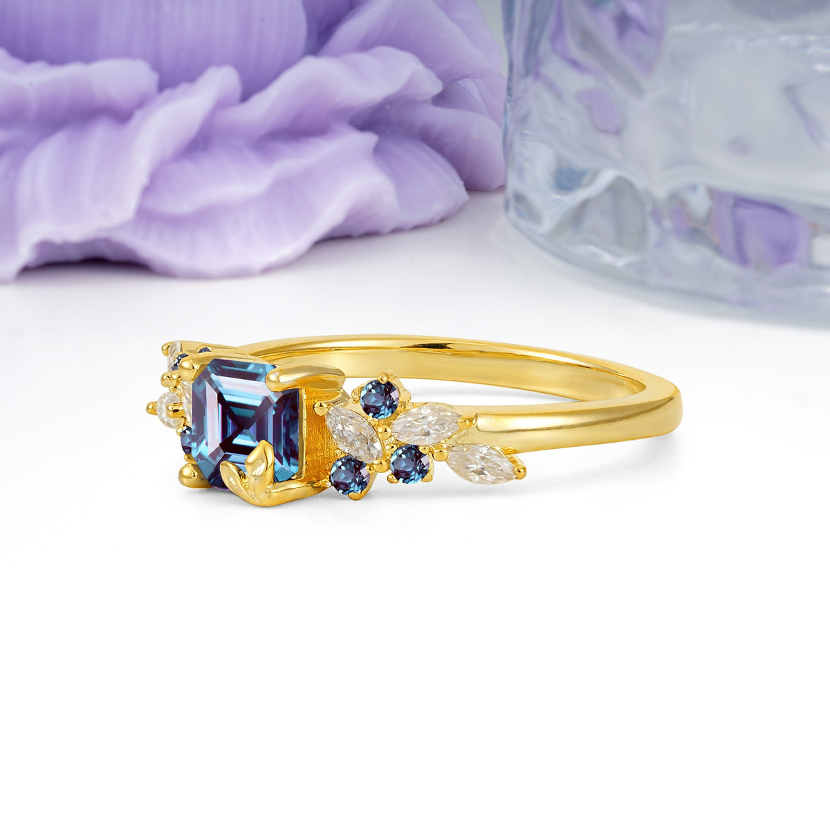 Whimsical Princess Cut Alexandrite Nature‑Inspired Leaf Engagement Ring - Additional view