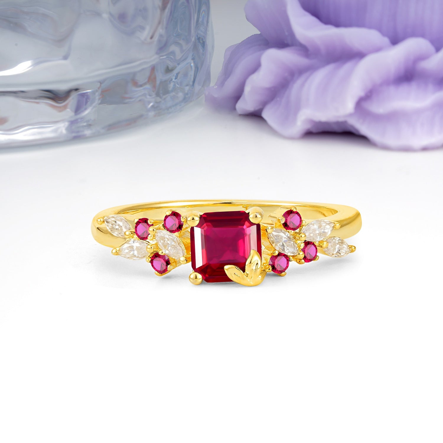 Whimsical Princess Cut Ruby Nature‑Inspired Leaf Engagement Ring - Additional view