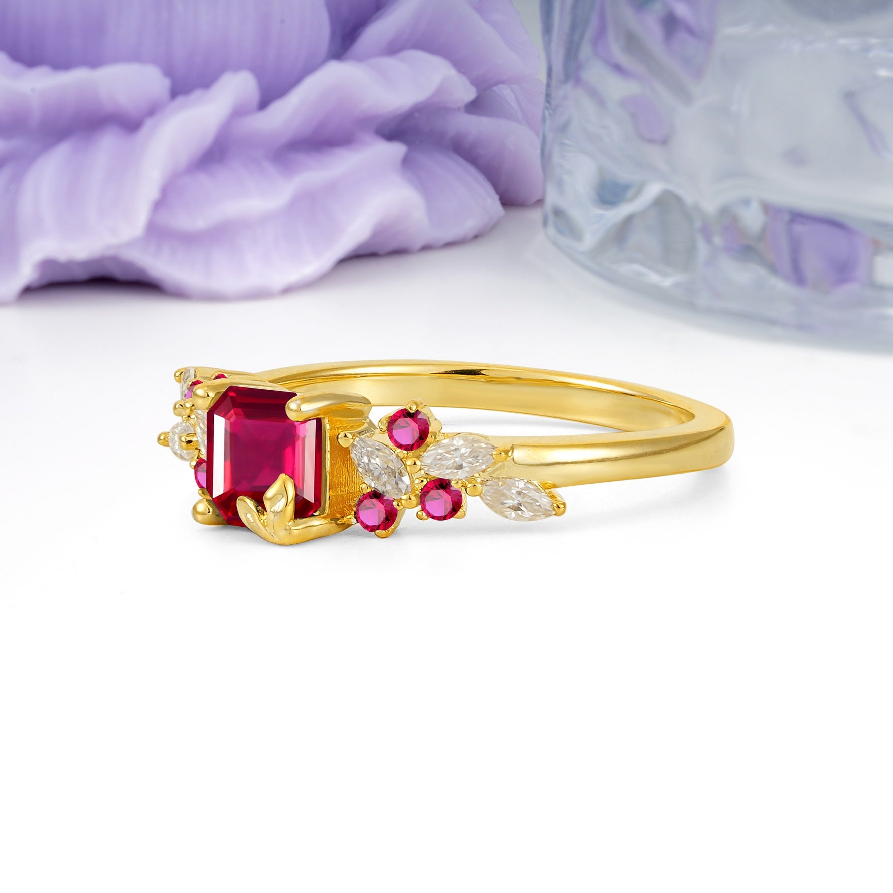 Whimsical Princess Cut Ruby Nature‑Inspired Leaf Engagement Ring - Additional view