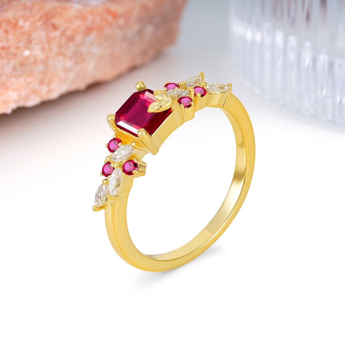 Whimsical Princess Cut Ruby Nature‑Inspired Leaf Engagement Ring - Additional view