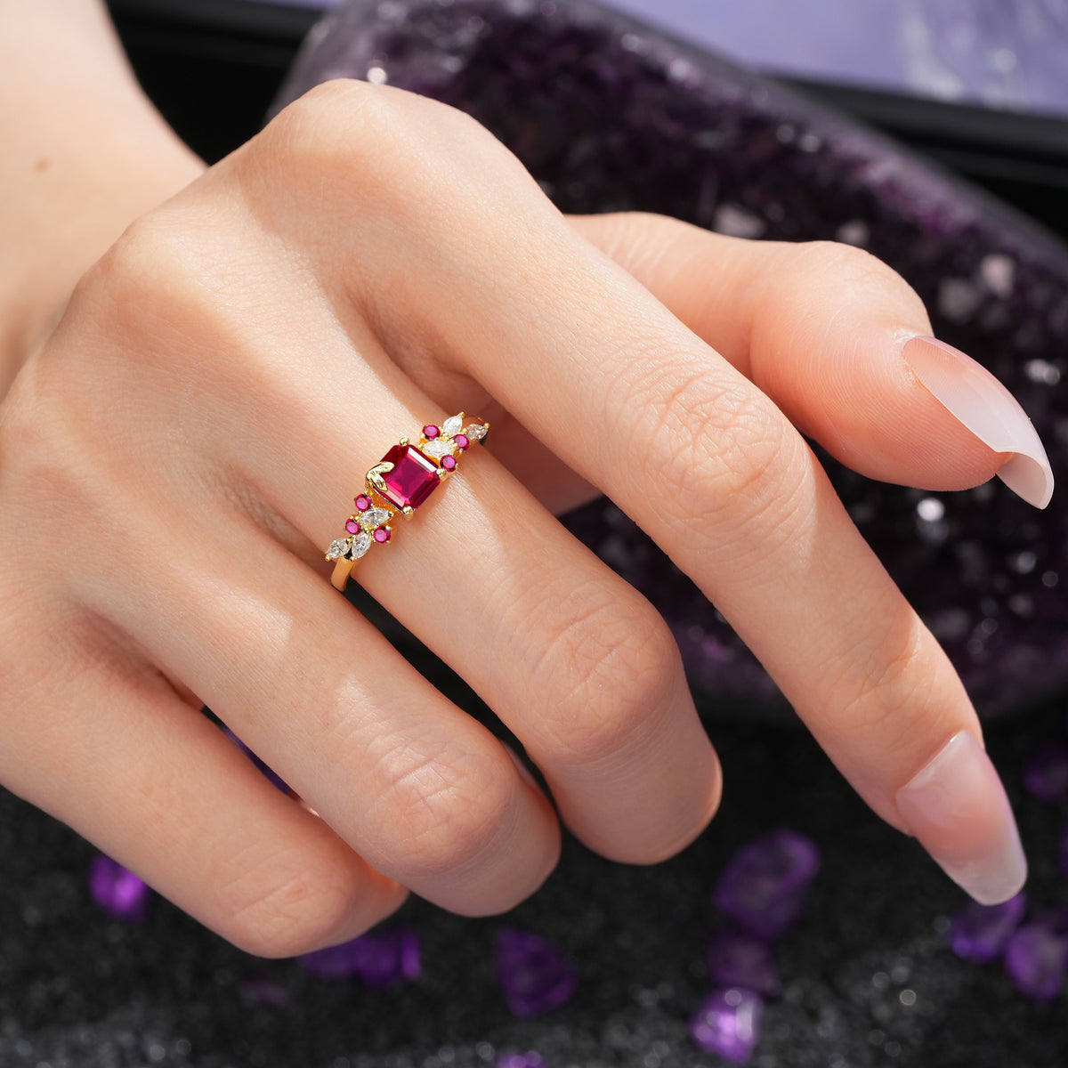 Whimsical Princess Cut Ruby Nature‑Inspired Leaf Engagement Ring - Additional view