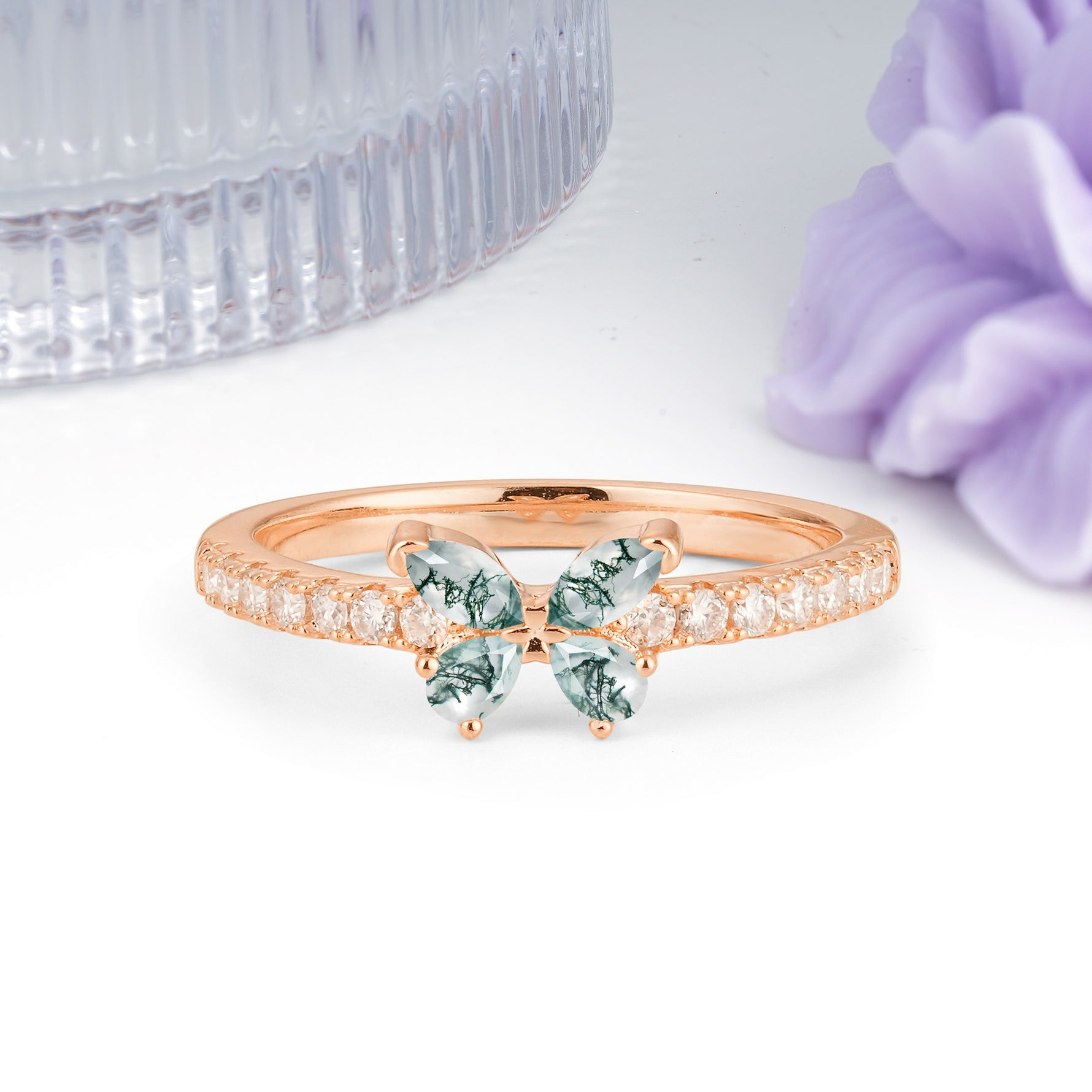 Dazzling Marquise Cut Moss Agate Butterfly Single Stackable Wedding Ring - Additional view