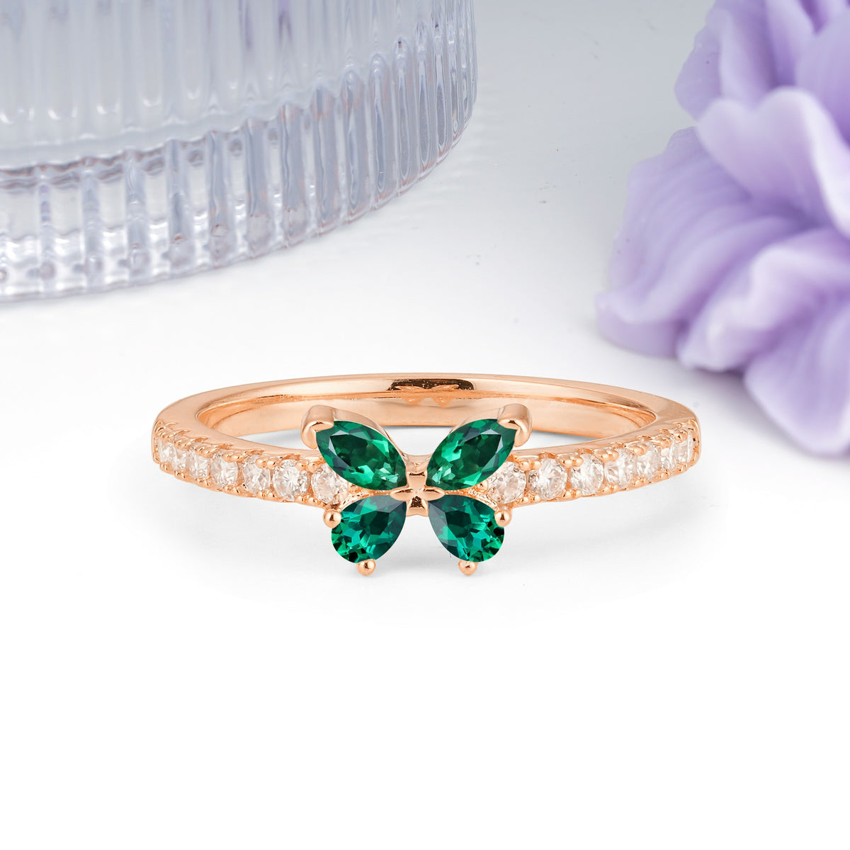 Dazzling Marquise Cut Emerald Butterfly Single Stackable Wedding Ring - Additional view