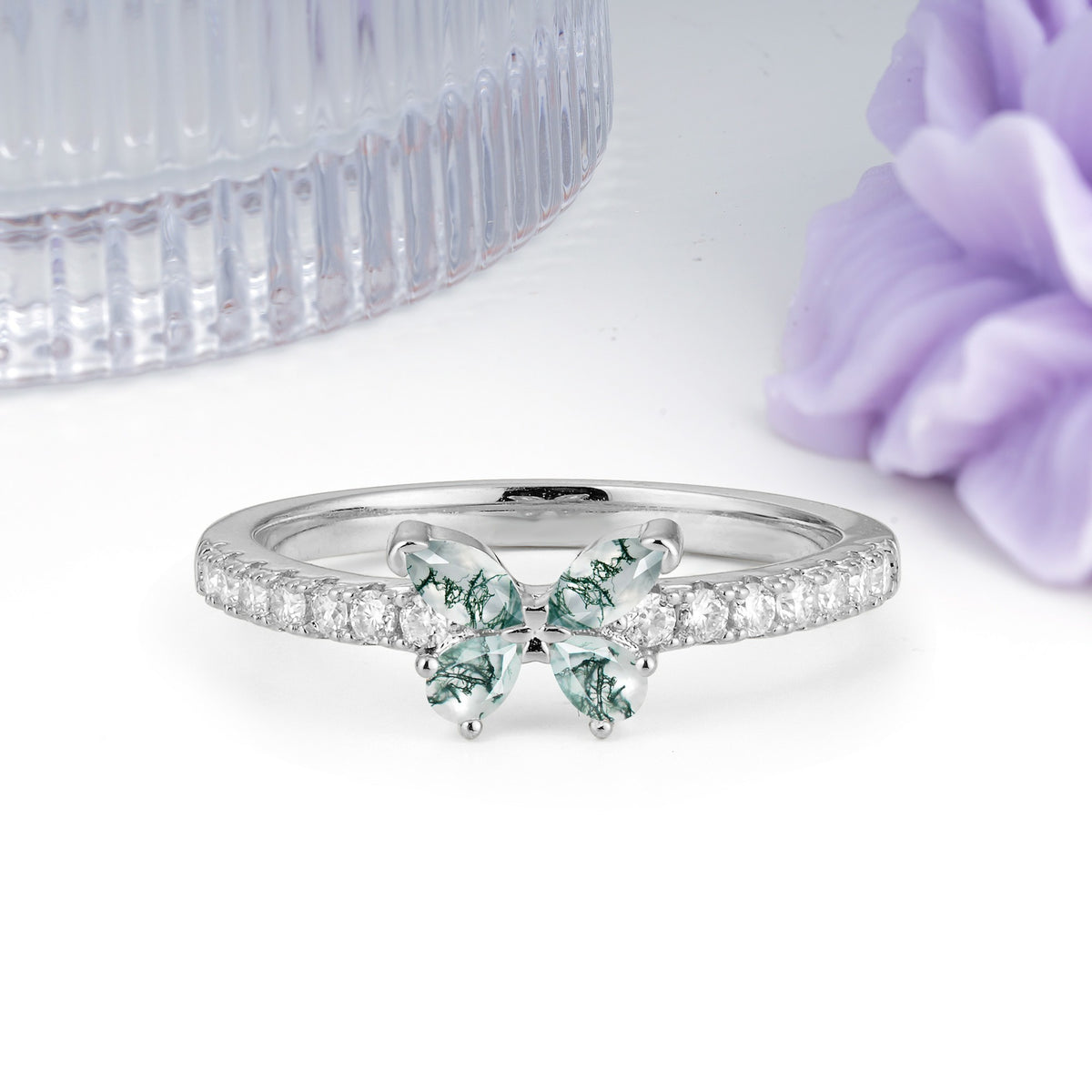 Dazzling Marquise Cut Moss Agate Butterfly Single Stackable Wedding Ring - Additional view