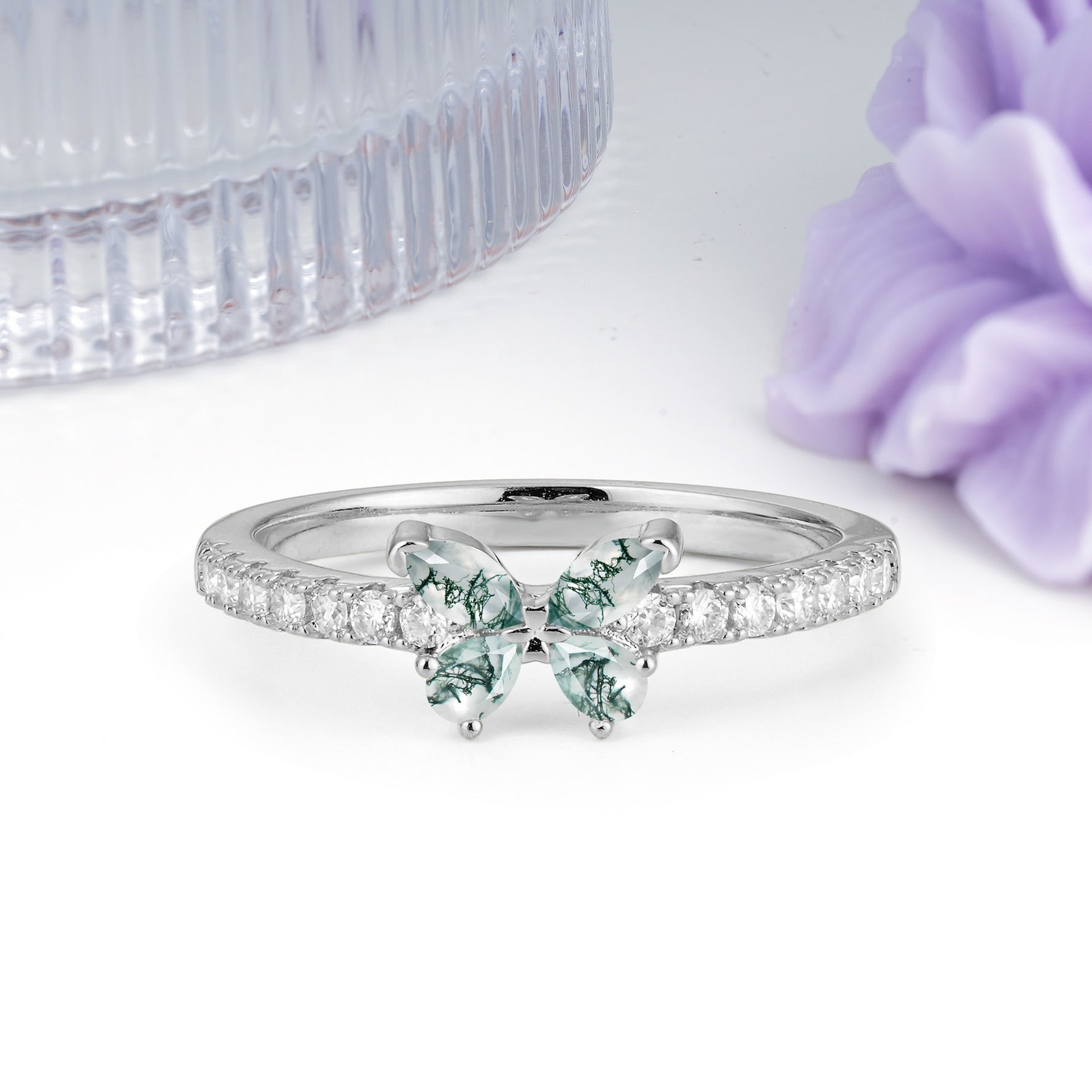 Dazzling Marquise Cut Moss Agate Butterfly Single Stackable Wedding Ring - Additional view