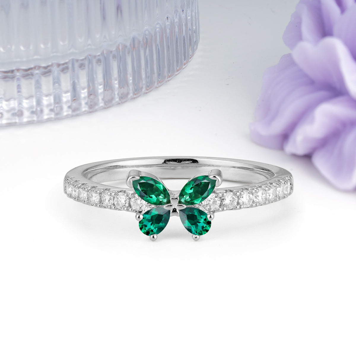 Dazzling Marquise Cut Emerald Butterfly Single Stackable Wedding Ring - Additional view