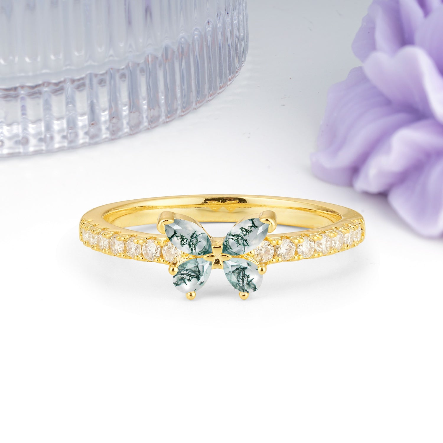 Dazzling Marquise Cut Moss Agate Butterfly Single Stackable Wedding Ring - Additional view